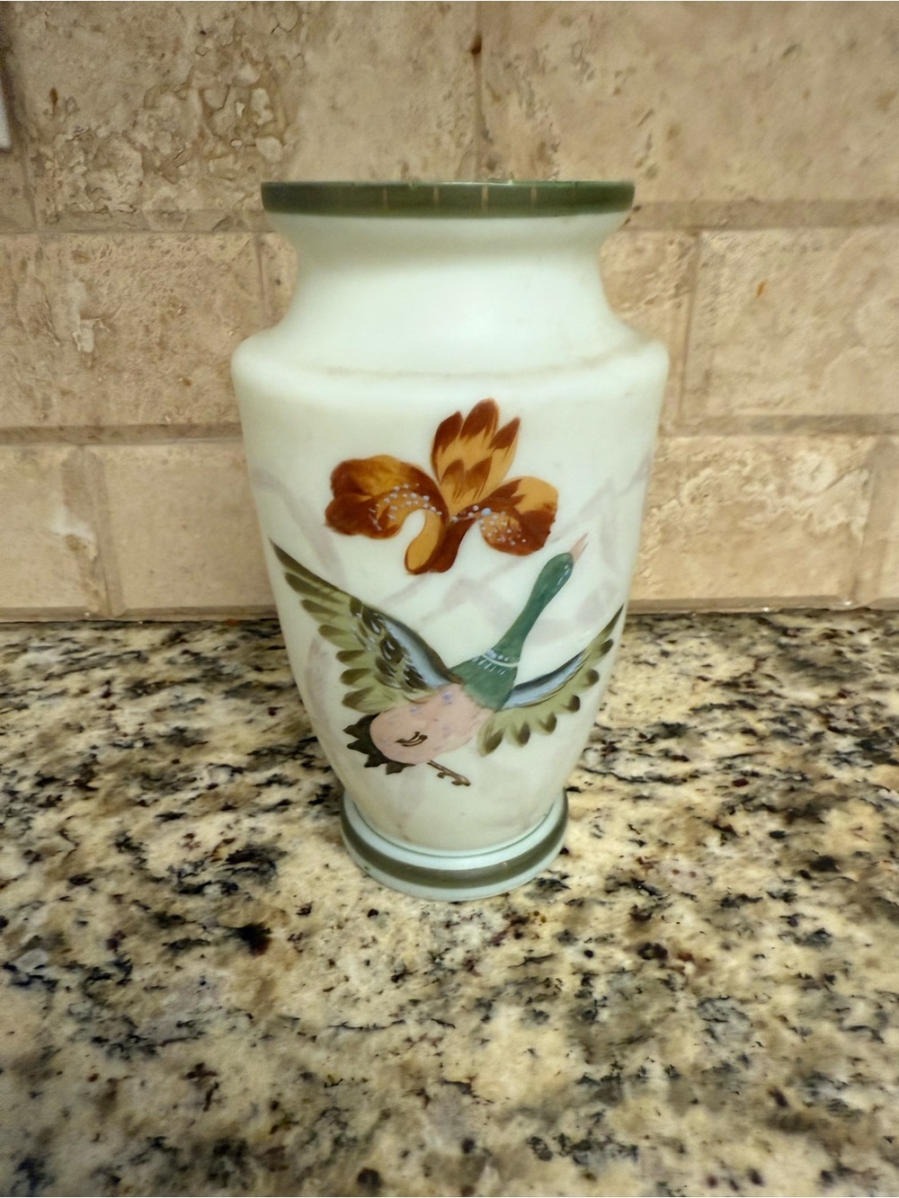 White Ceramic Vase with Hand-Painted Green Duck and Orange Floral Accent